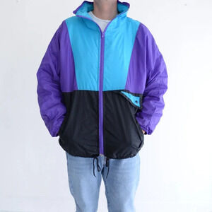 80S Active Spirit Purple Teal Zip Up Nylon W/ Hidden Hood Lined Windbreaker Coat